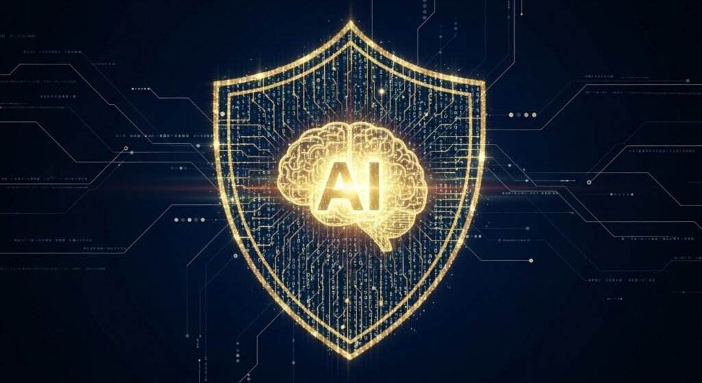 데이터 무결성을 상징하는 디지털 방패와 AI 로고